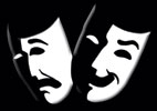 Logo Teatru Zwierciadło białe maski teatralnie na czarnym tle